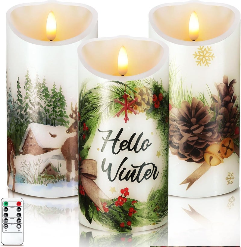 ROCEEI Store 3 Pcs Winter Forest Candles Battery Operated LED Candles Winter Forest Style Pillar Flickering Real Wax Decorations for Indoor Holiday Party Table Decor - Image 1